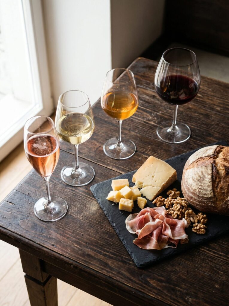 Pet kozarcev slovenskih vin in plošča sirov